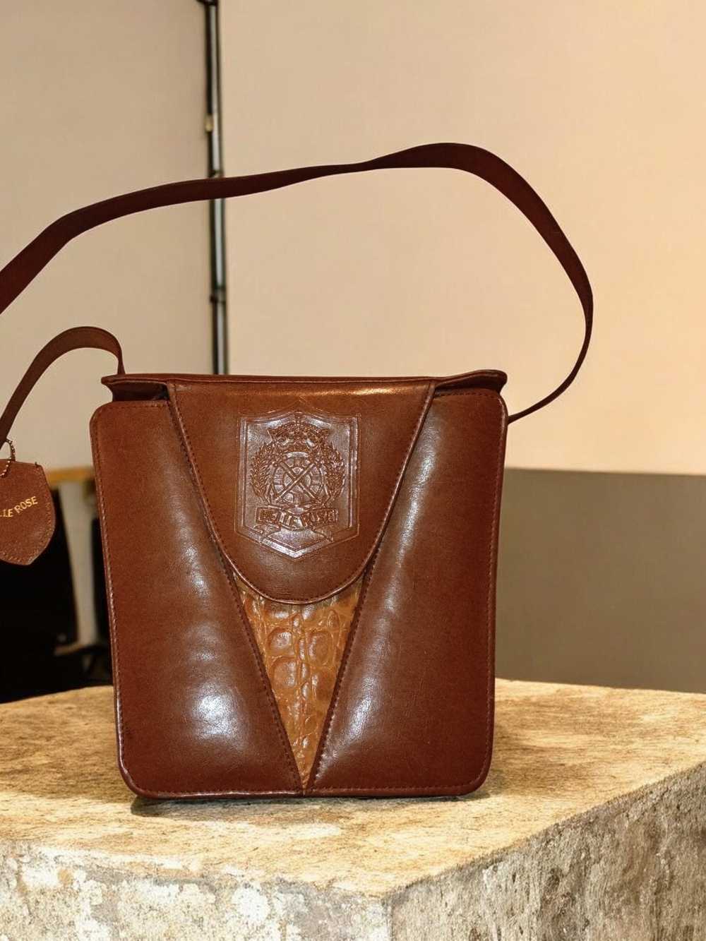 Bella Rose Closet Brown Leather Crossbody with Crest Detail